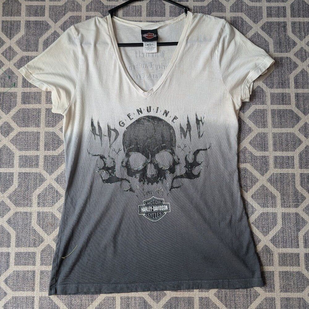 Women's Harley-Davidson Willie G. Skull Graphic V-Neck T-Shirt Grey Ombre Size M